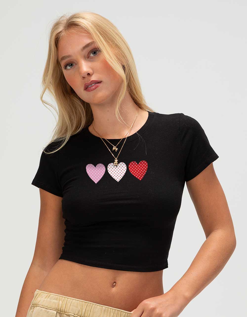 HEARTS Mini Heart Trio Womens Baby Tee - BLACK
