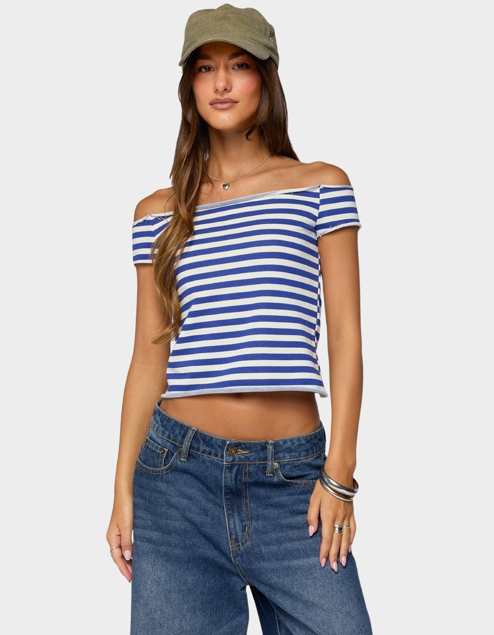EDIKTED French Terry Striped Off Shoulder Top - LIGHT BLUE