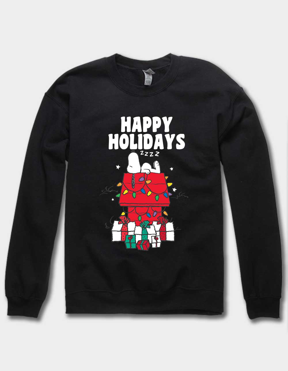 PEANUTS Happy Holidays Presents Unisex Holiday Crewneck Sweatshirt - BLACK