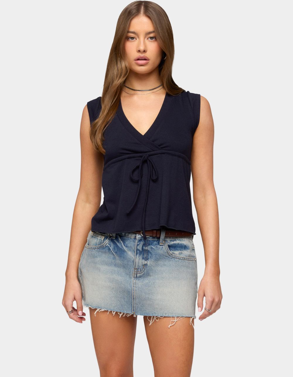 EDIKTED Rusanna V-Neck Babydoll Top - NAVY