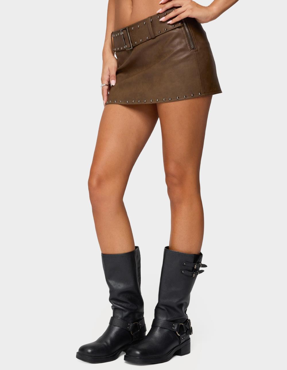 EDIKTED Studded Belt Faux Leather Mini Skort - BROWN