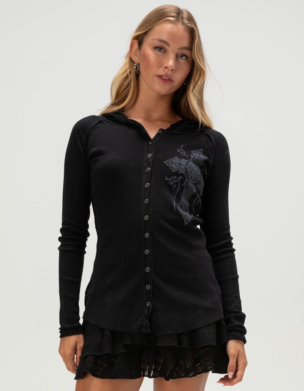 AFFLICTION Chaos Womens Button Up Hoodie - BLACK