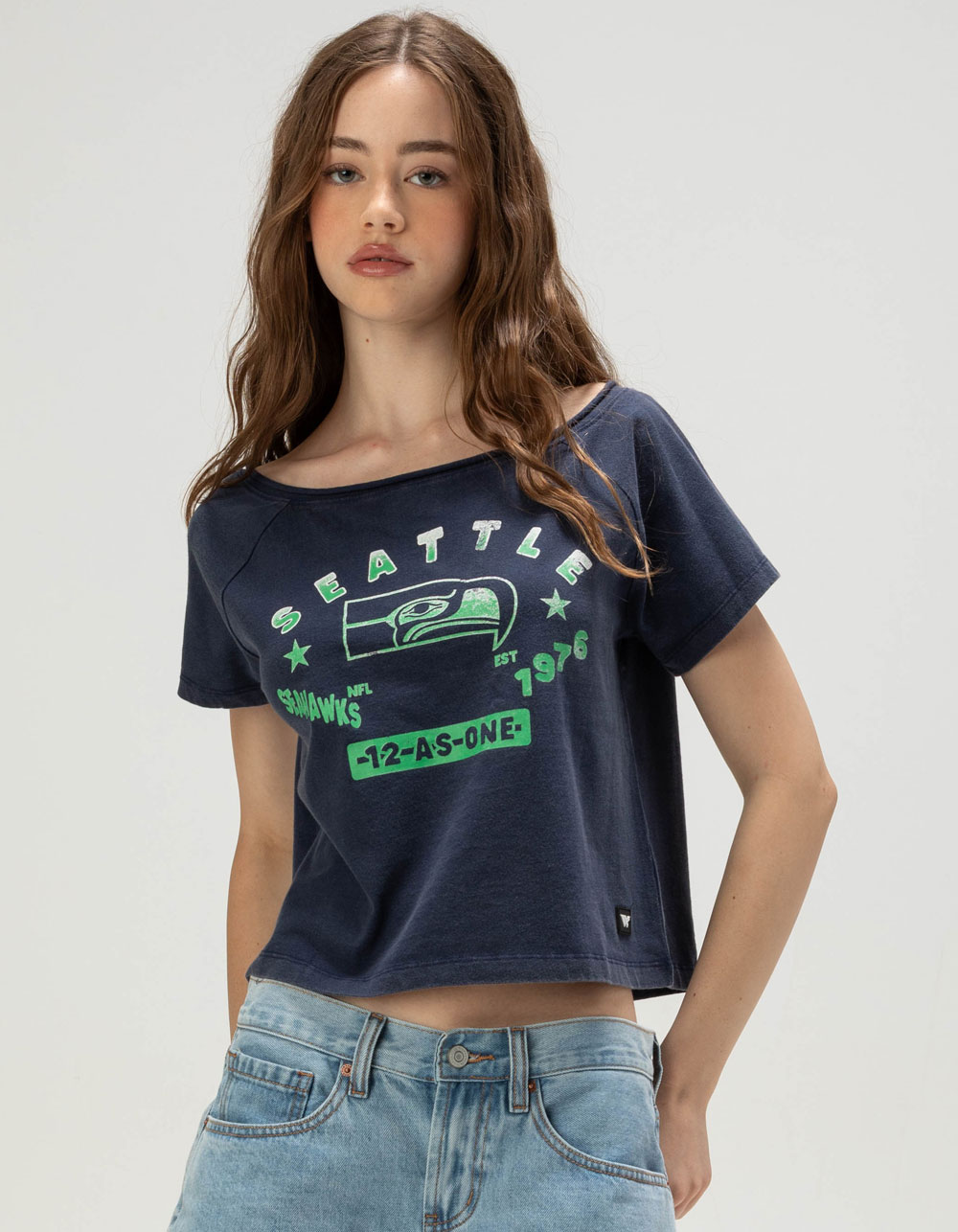 The WILD COLLECTIVE Seattle Seahawks Womens Off Shoulder Tee - BLUE