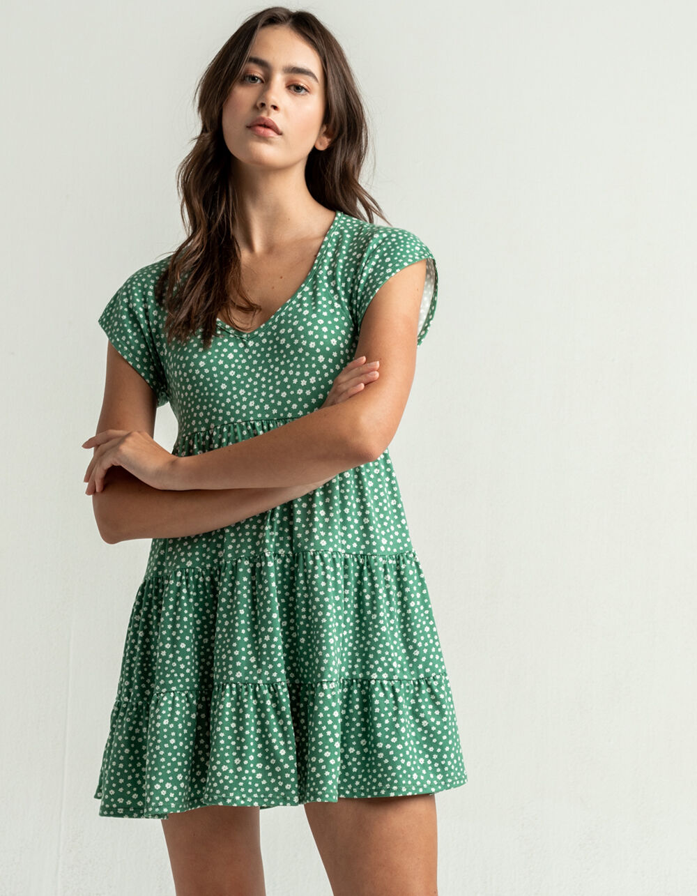 SKY AND SPARROW Ditsy Tiered Babydoll Dress - SAGE | Tillys
