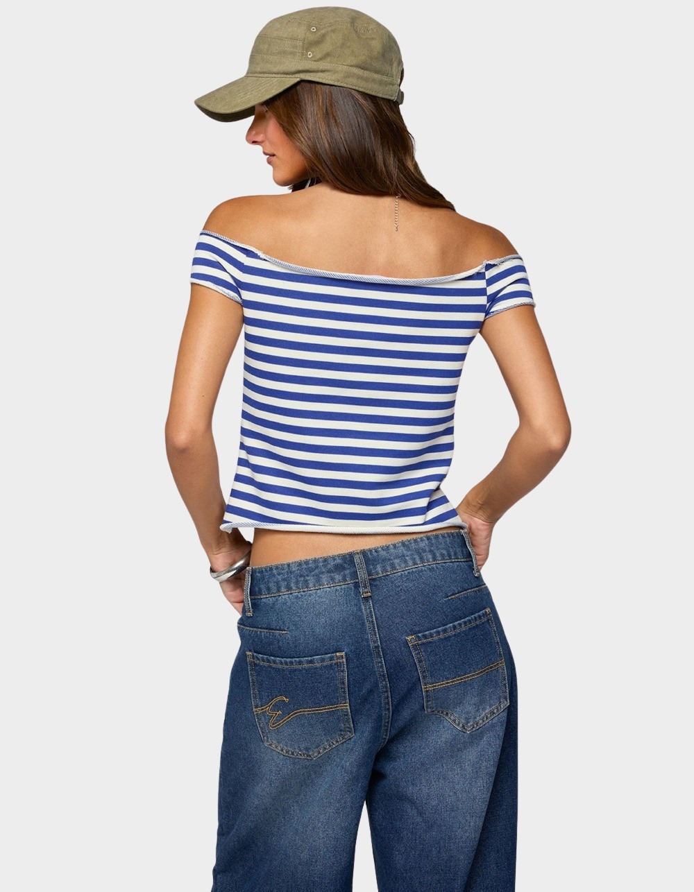 EDIKTED French Terry Striped Off Shoulder Top - LIGHT BLUE