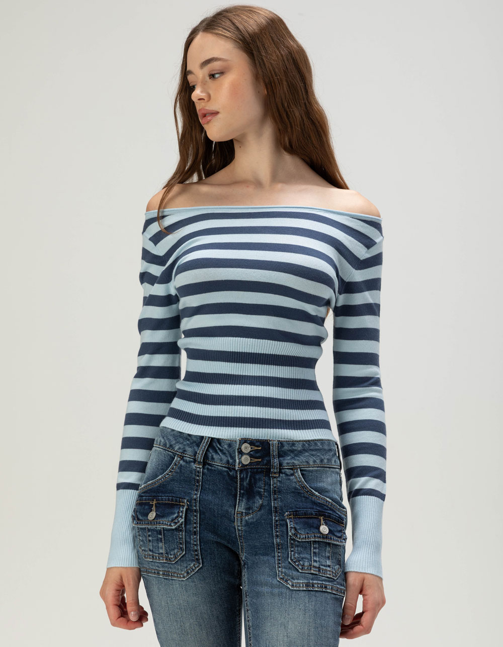 RSQ Womens Off The Shoulder Stripe Sweater