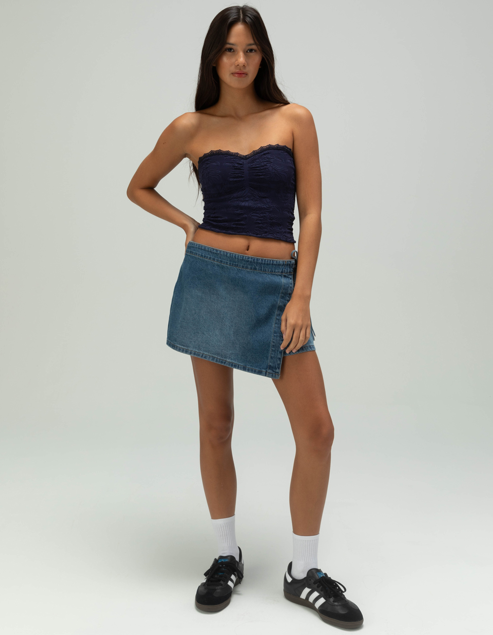 FULL TILT Seamless Lace Trim Textured Womens Tube Top - NAVY