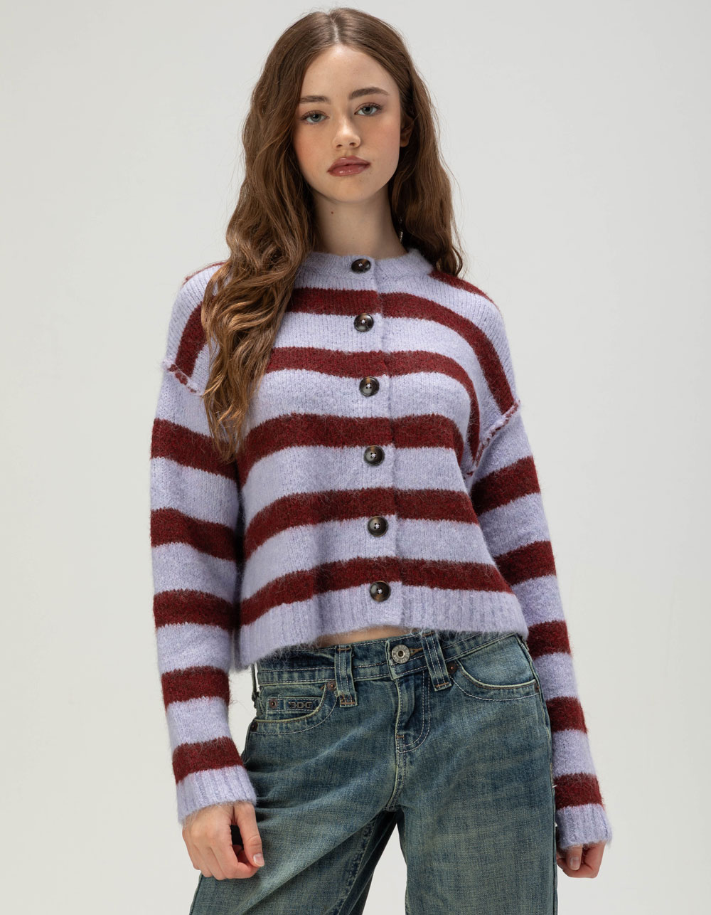BDG Urban Outfitters Womens Stripe Cardigan - PURPLE COMBO