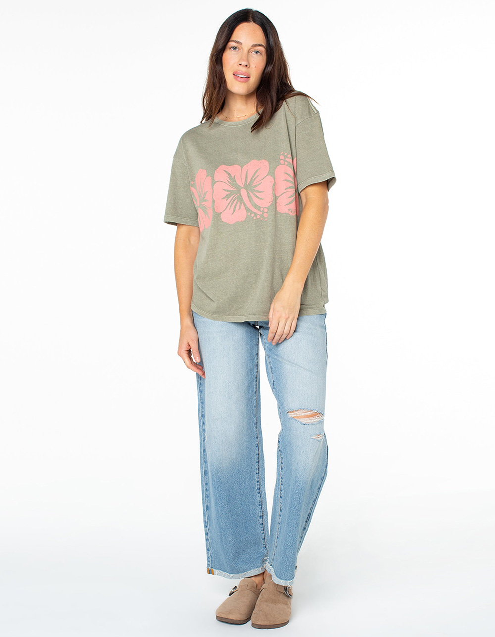 ROXY Flower Block Womens Boyfriend Tee - OLIVE