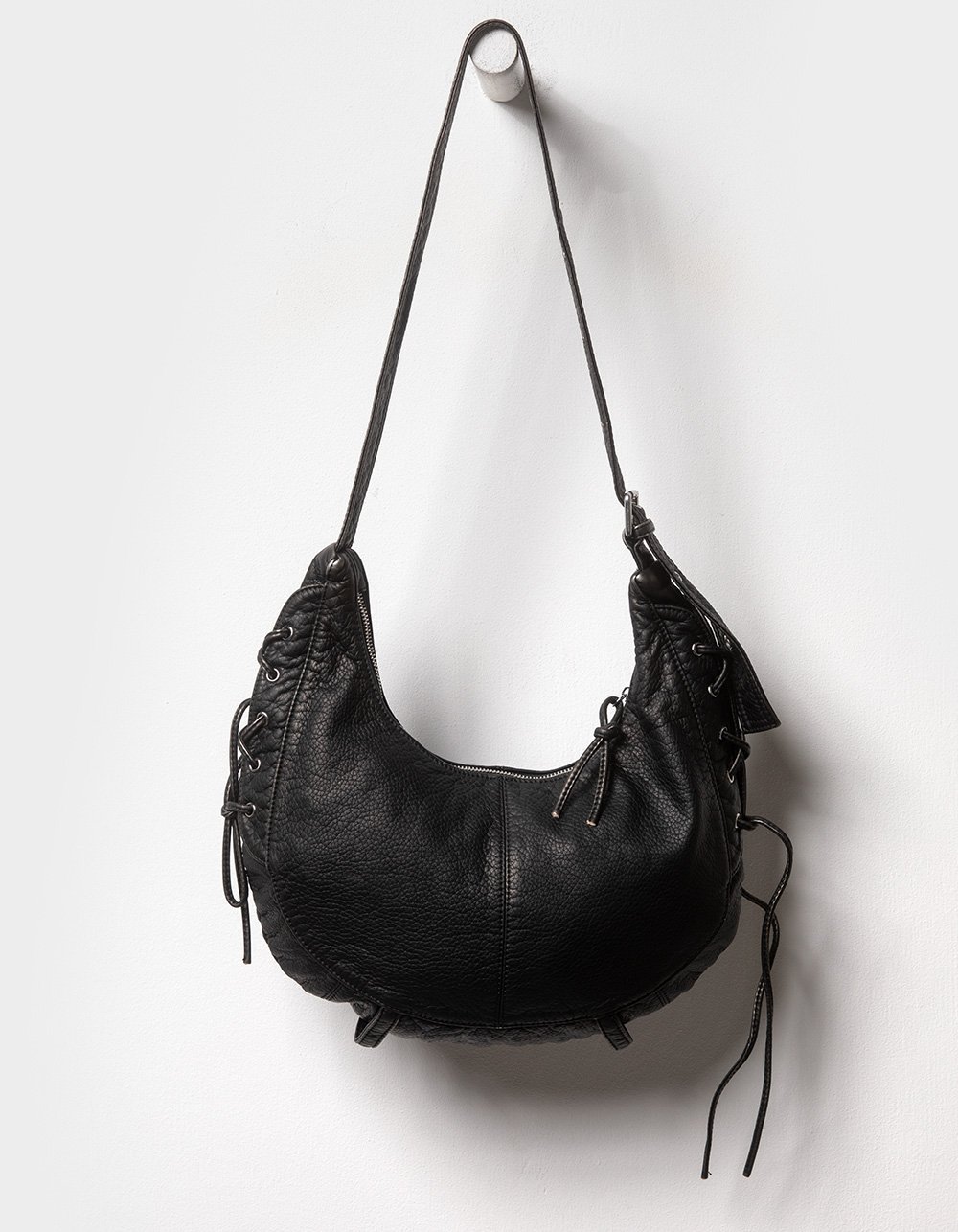 Washed Laced Shoulder Bag - BLACK