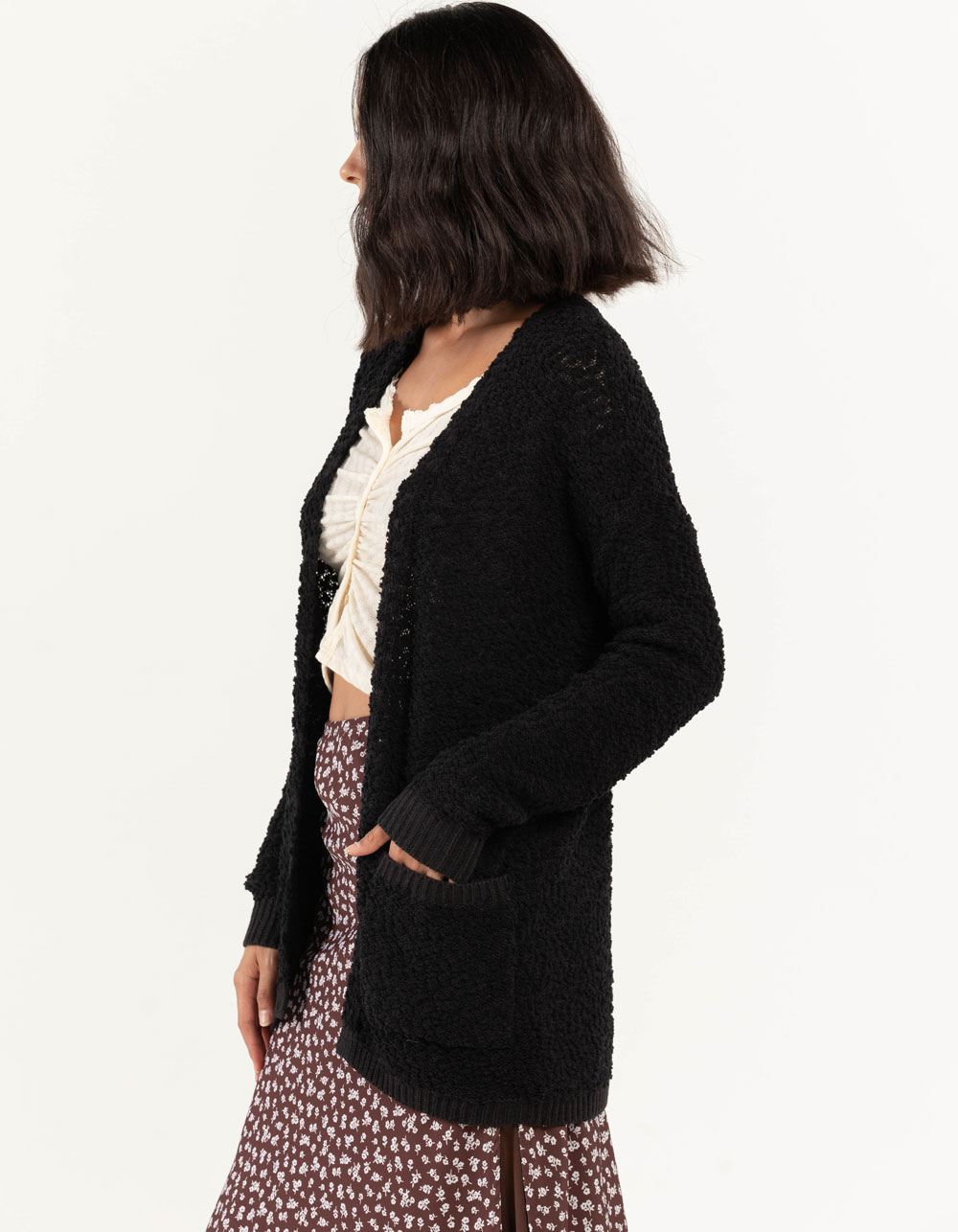 JOLIE & JOY Womens Textured Long Cardigan BLACK Tillys