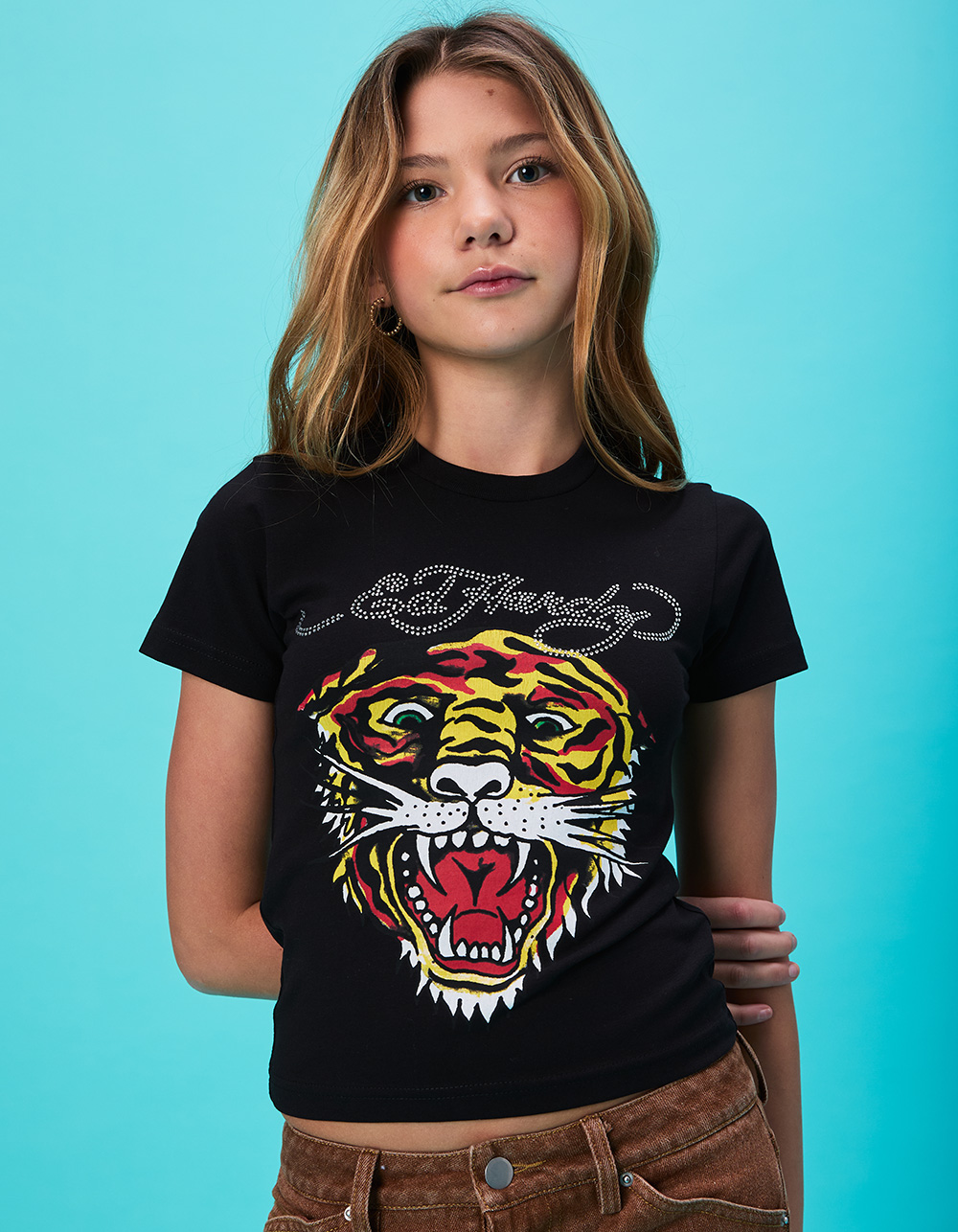 ED HARDY Rhinestone Tiger Face Girls Tee - BLACK