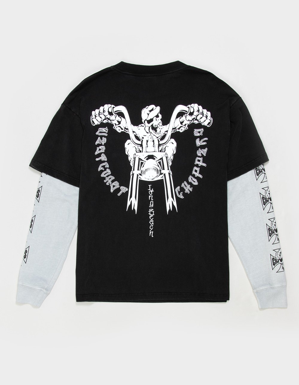 WEST COAST CHOPPERS Skeleton Moto Mens Long Sleeve 2fer Tee - WASHED BLACK