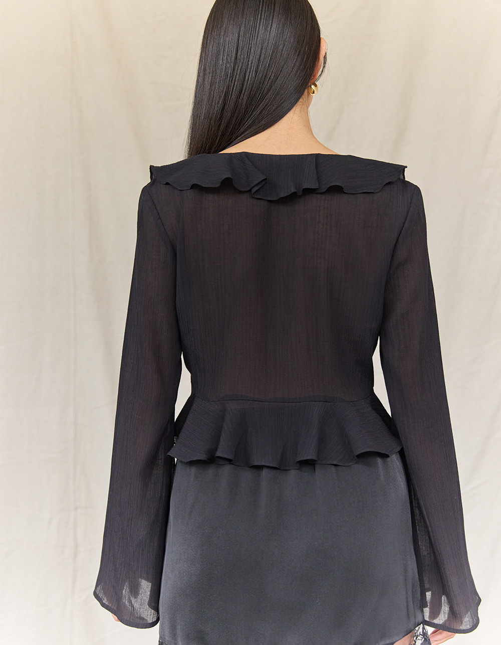 black sheer ruffle top