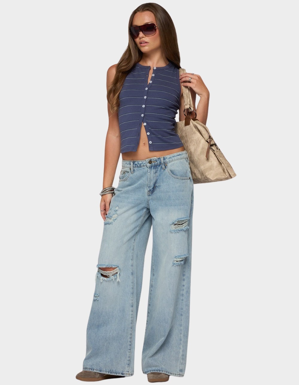 EDIKTED Brynne Striped Button Up Top - NAVY