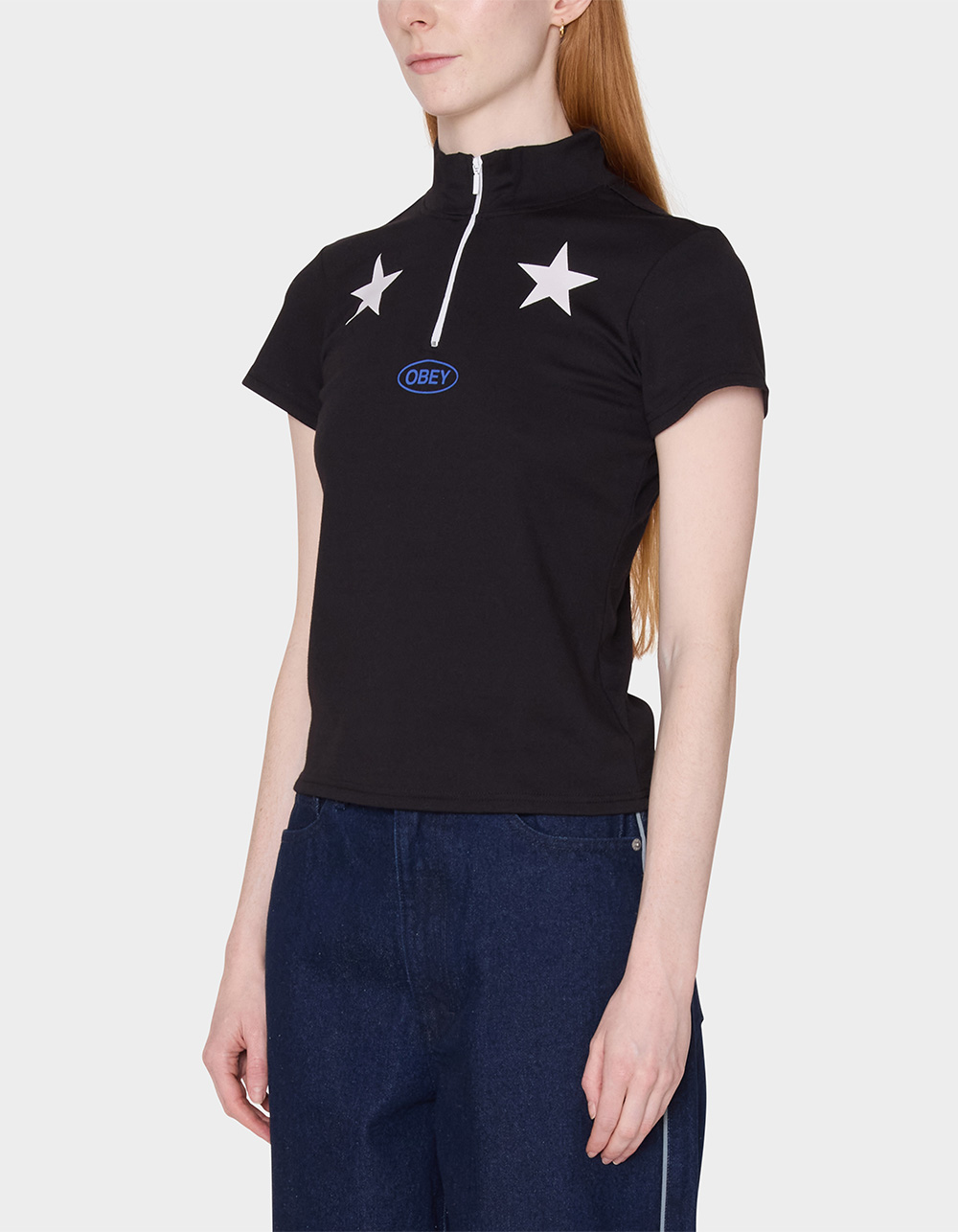 OBEY Relay Womens Mock Neck Short Sleeve Shirt - BLACK