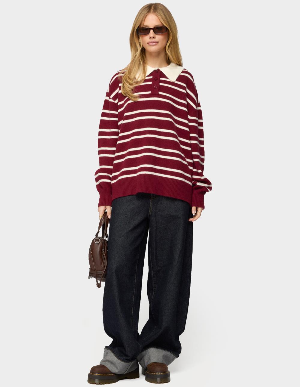 EDIKTED Rilynn Striped Polo Sweater - DK RED