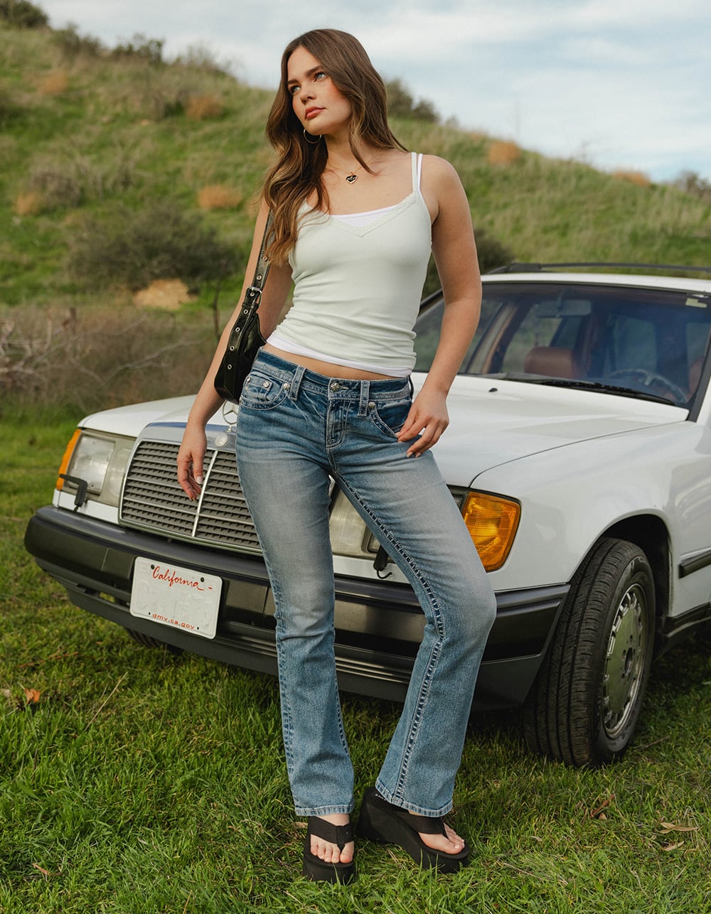 MISS ME Border Pocket Womens Mid Rise Bootcut Jeans - MEDIUM WASH