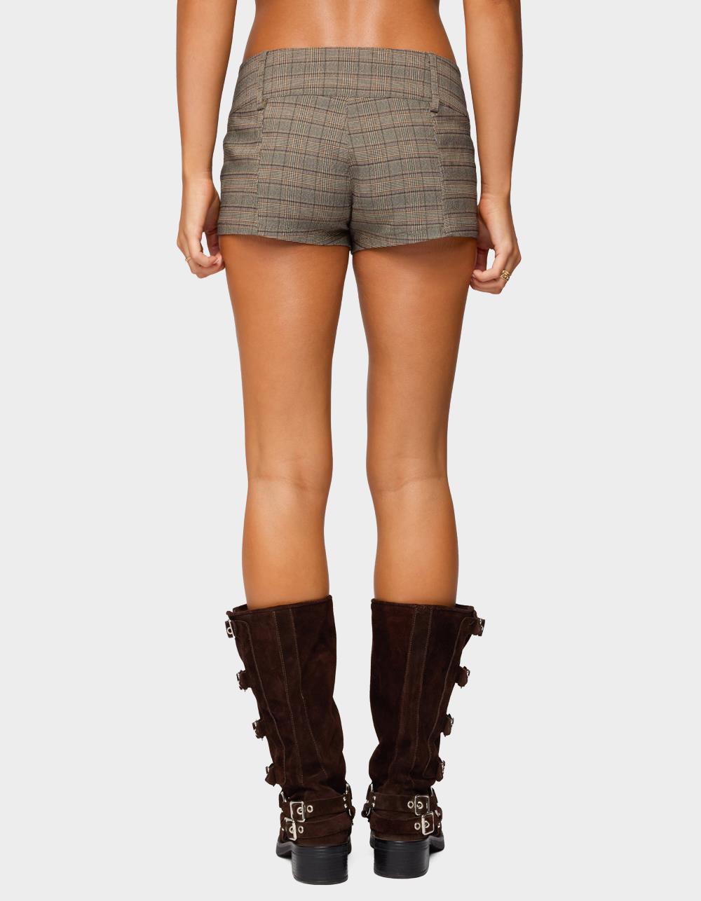 EDIKTED Ayvey Plaid Tailored Micro Shorts - BROWN