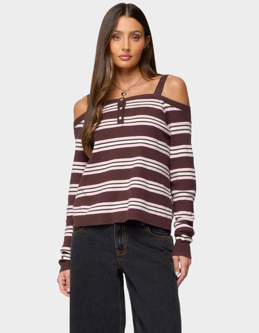 EDIKTED Shyla Off Shoulder Striped Knit Top - BROWN