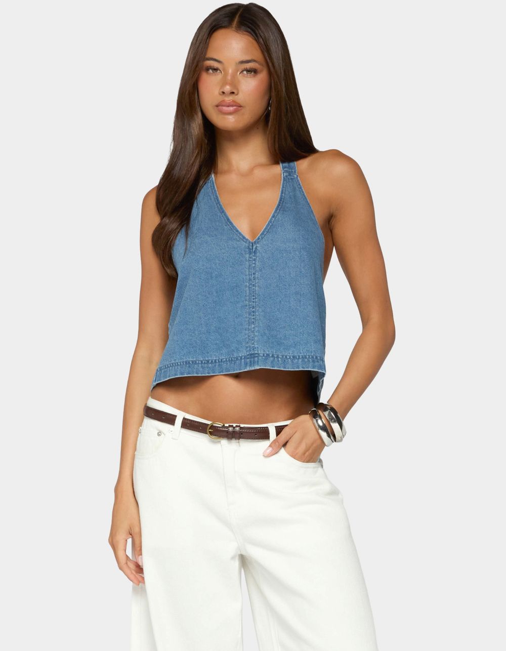 EDIKTED Teddie Backless Denim Halter Top - LIGHT BLUE