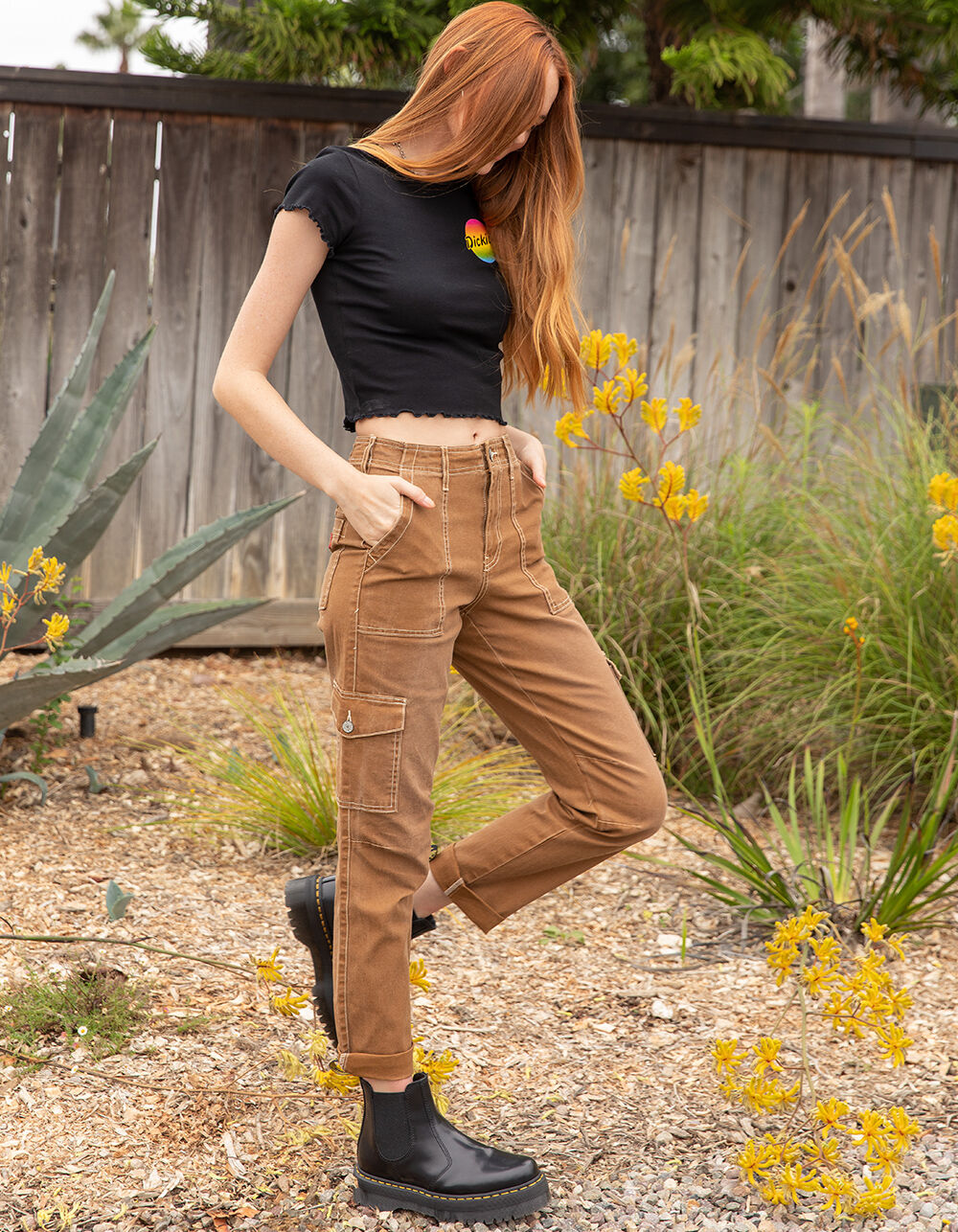 DICKIES Roll Cuff Womens Cargo Pants - BROWN