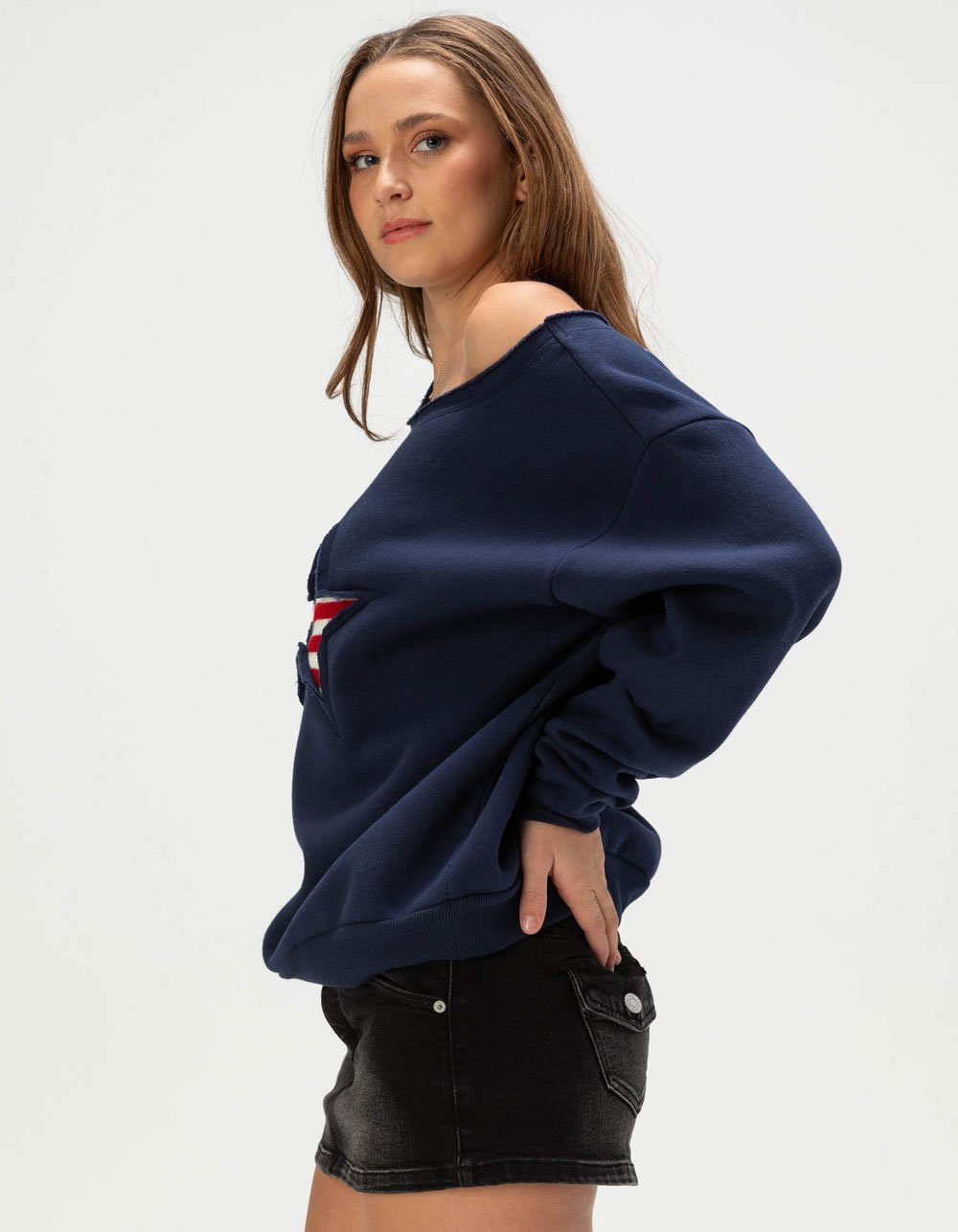 RSQ Womens Star Off The Shoulder Sweatshirt - NAVY