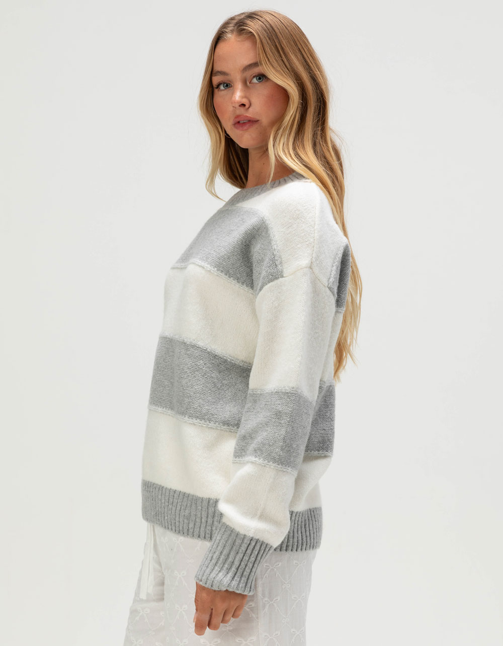 PINK ROSE Womens Stripe Sweater - GRAY/WHITE