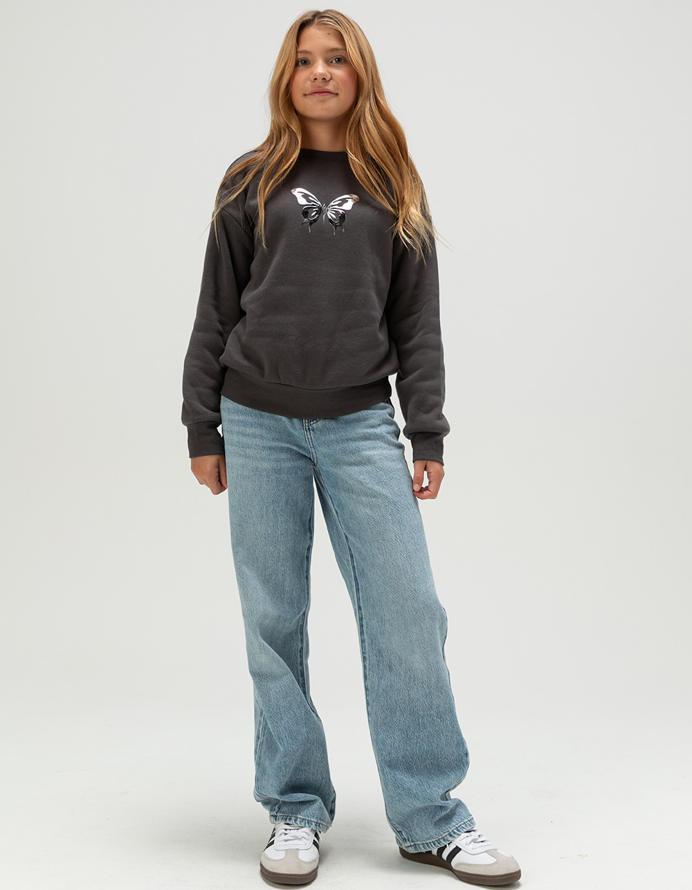 FULL TILT Chrome Butterfly Girls Crewneck Sweatshirt - WASHED BLACK