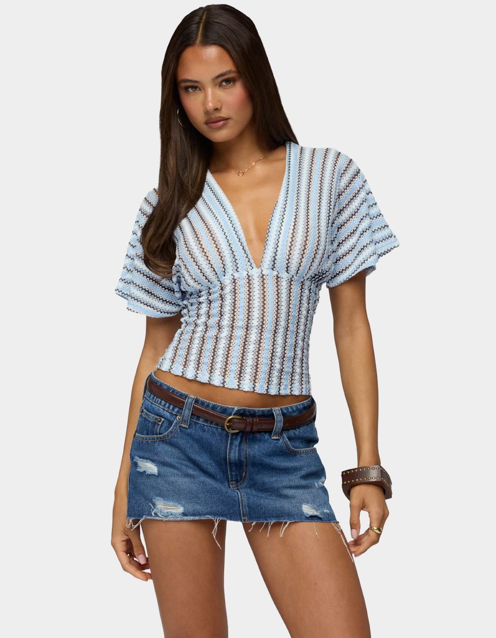 EDIKTED Alwyn Flutter Crochet Zigzag Top - LIGHT BLUE
