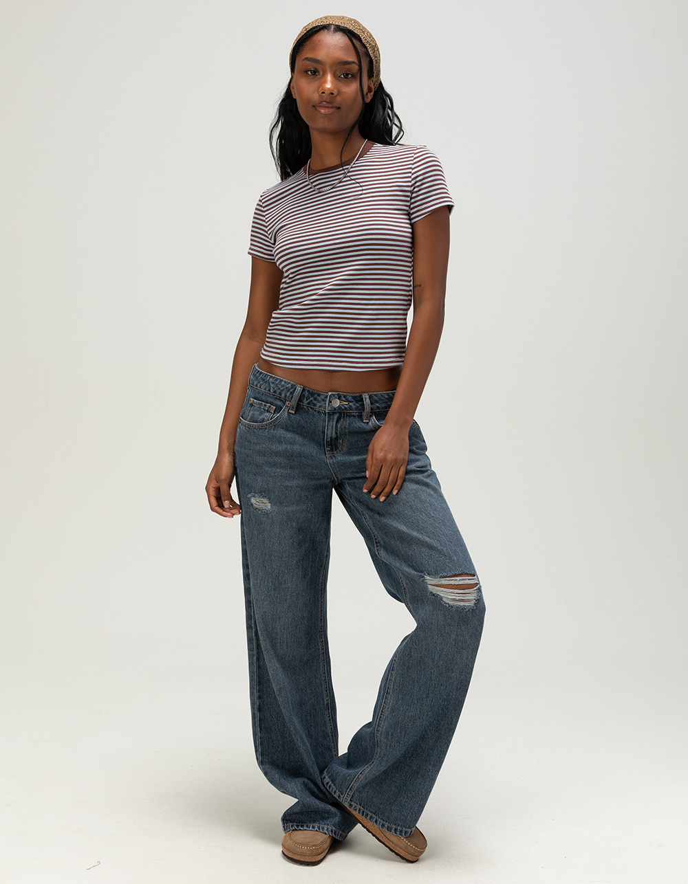 TILLYS Womens Stripe Ringer Tee - BROWN COMBO