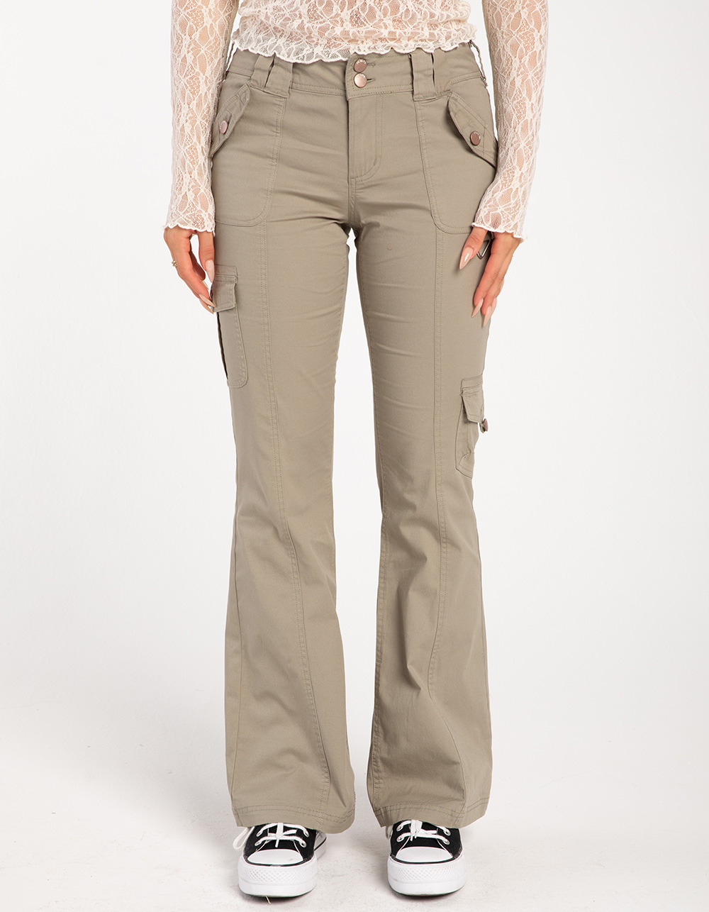 RSQ Womens Low Rise Poplin Cargo Flare Pants - SAGE | Tillys