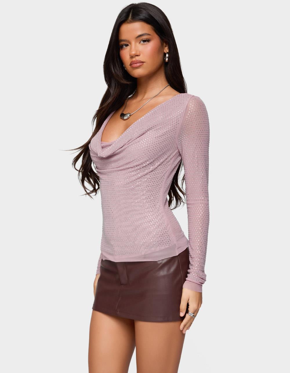 EDIKTED Marena Rhinestone Cowl Neck Top - PURPLE