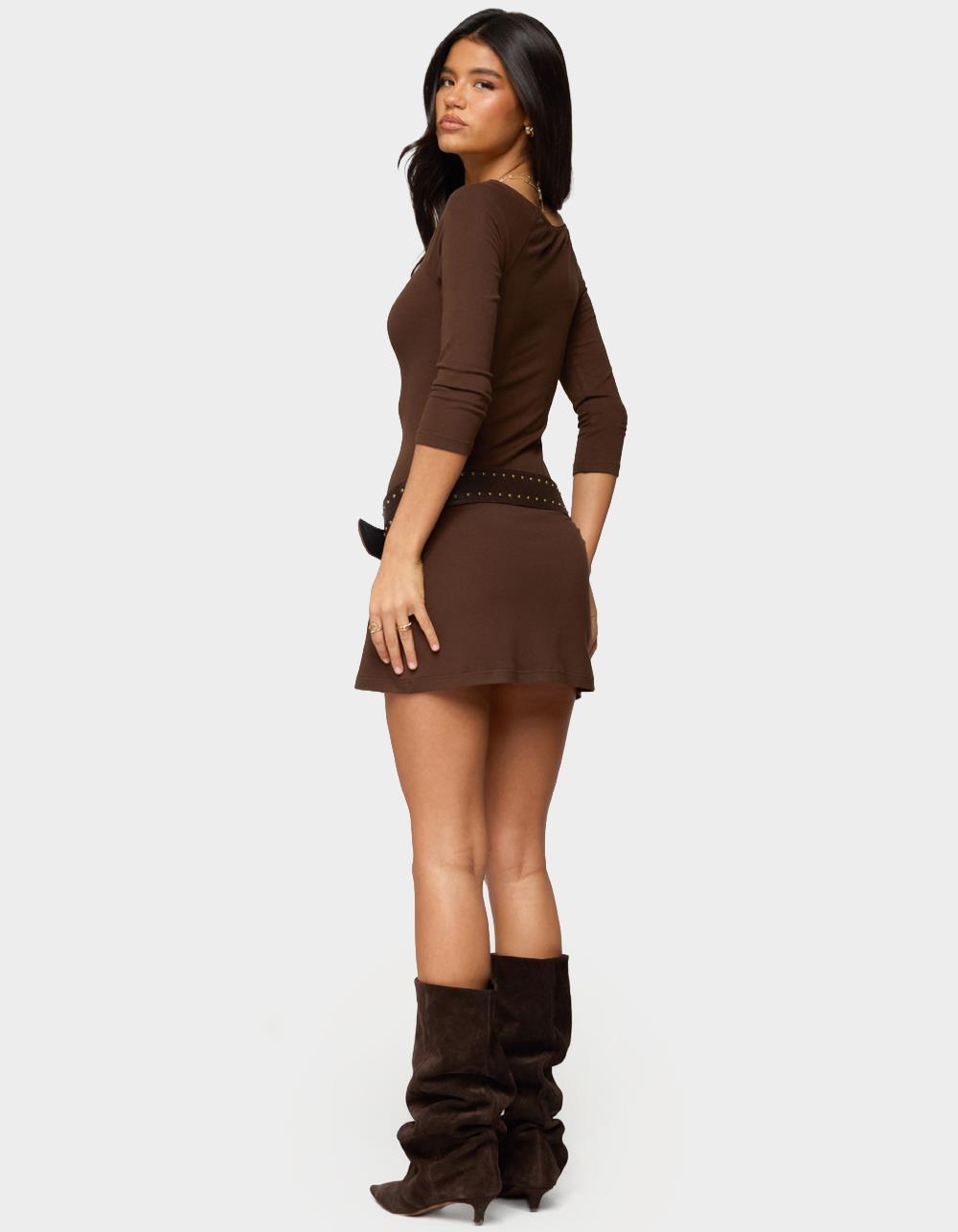 EDIKTED Jadey Boat Neck Mini Dress - BROWN