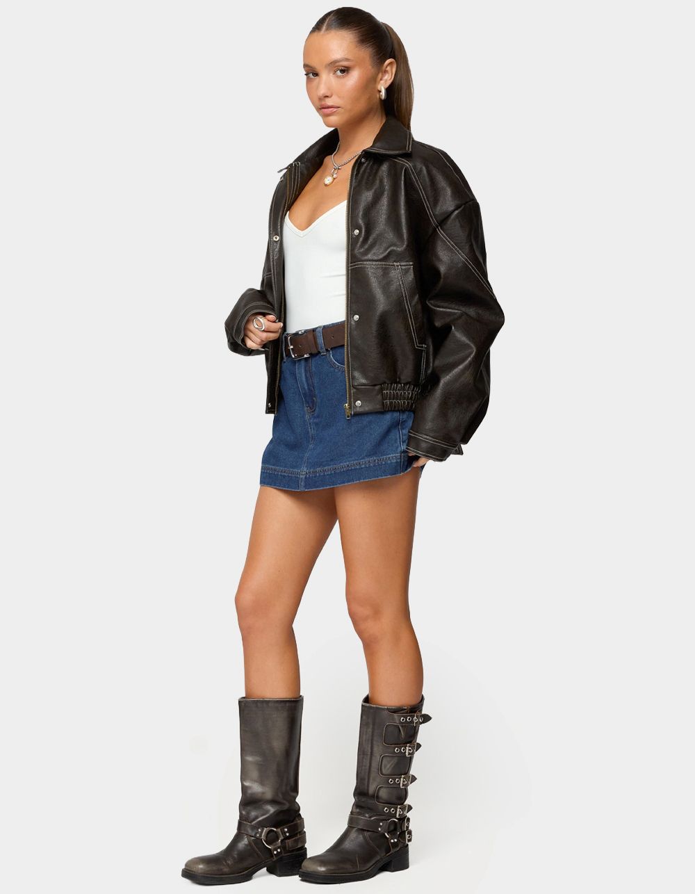 EDIKTED Jaxson Oversized Faux Leather Bomber Jacket - DARK BROWN