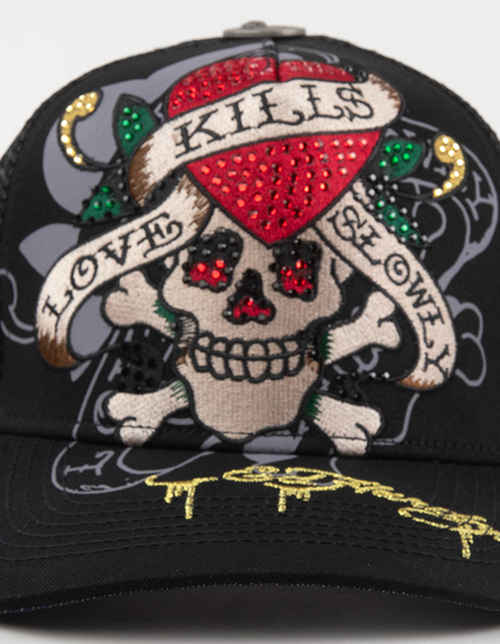 ED HARDY Love Kills Slowly Womens Rhinestone Trucker Hat - BLACK