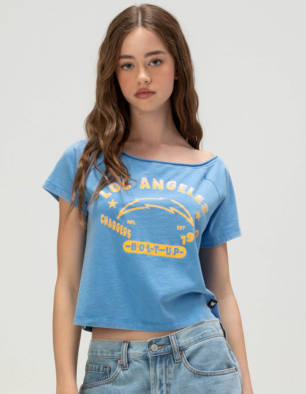The WILD COLLECTIVE Los Angeles Chargers Womens Off Shoulder Tee - BLUE