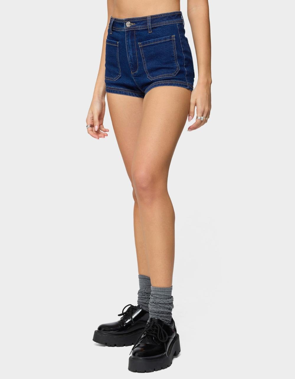 EDIKTED Saren High Rise Denim Micro Shorts - DARK BLUE
