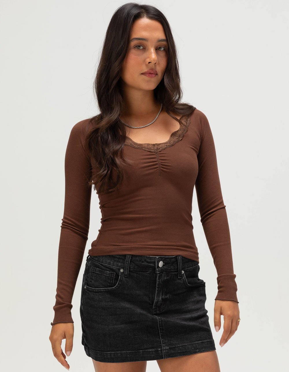 NECTAR CLOTHING Lace Trim Womens Long Sleeve Top - BROWN