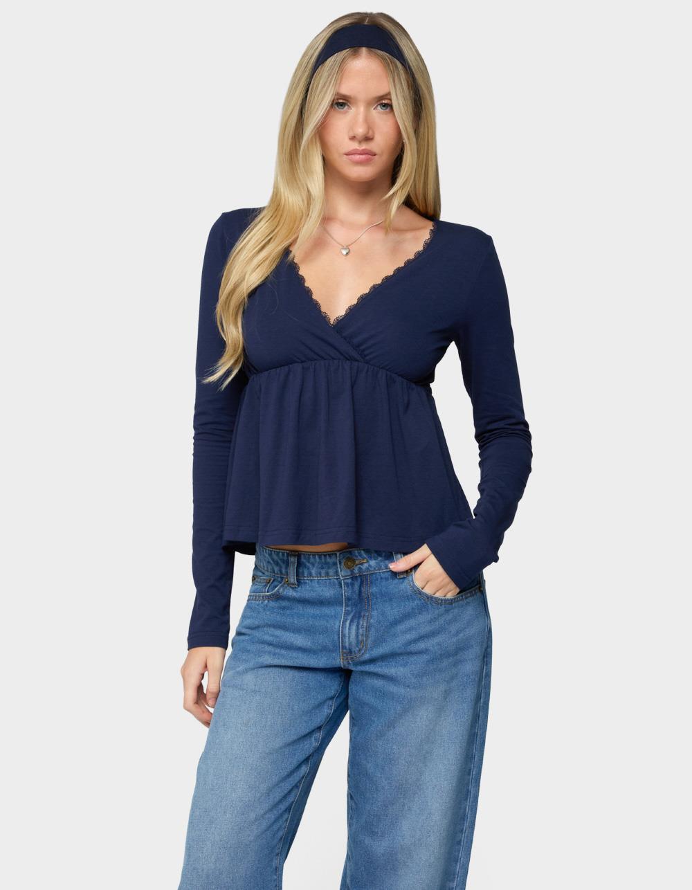 EDIKTED Kenzie Long Sleeve Babydoll Top - NAVY
