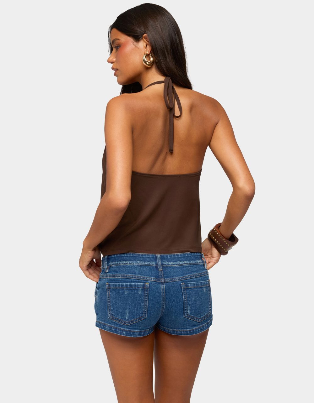 EDIKTED Gale Wood Disc Halter Top - BROWN