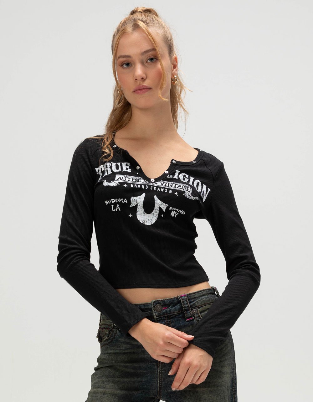 TRUE RELIGION Ribbed V Notch Womens Long Sleeve Tee - BLACK