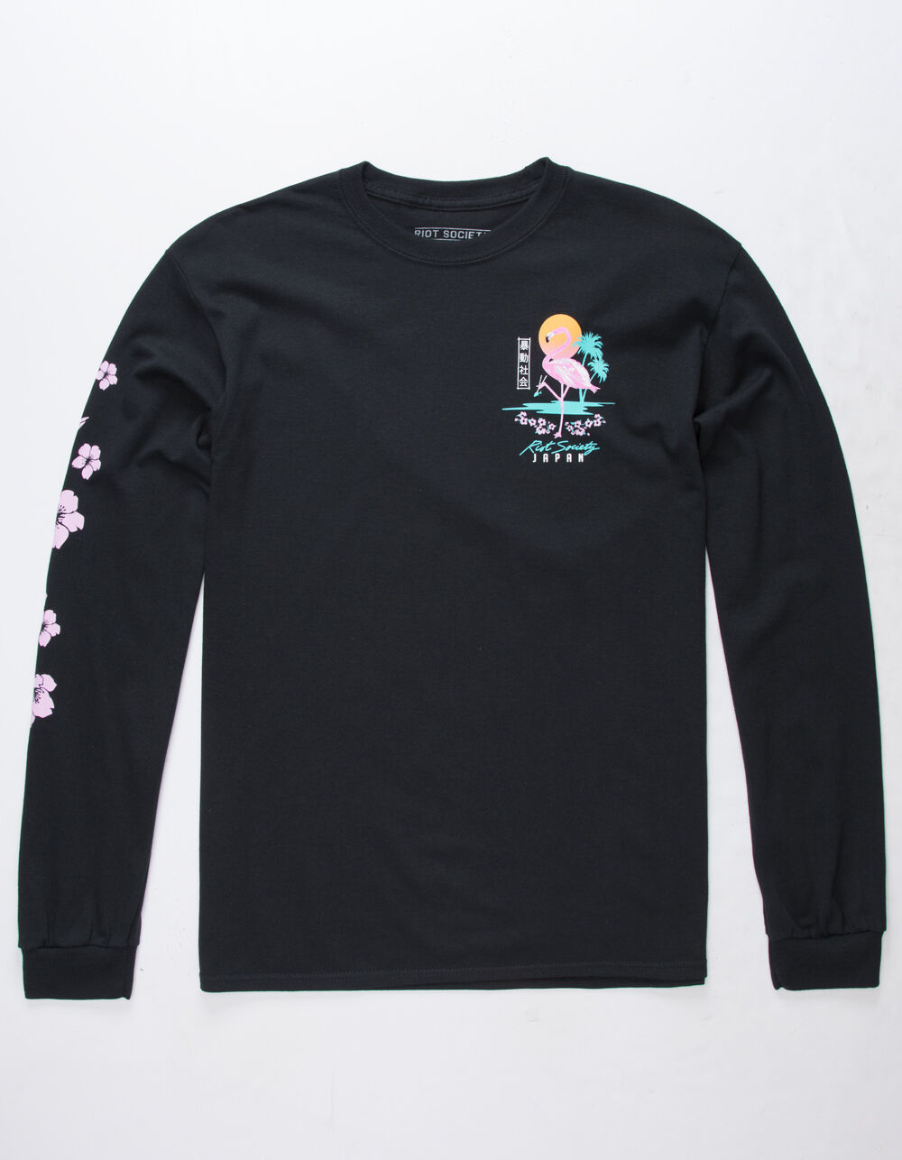 RIOT SOCIETY Flamingo Blossom Black Mens T-Shirt image number 2