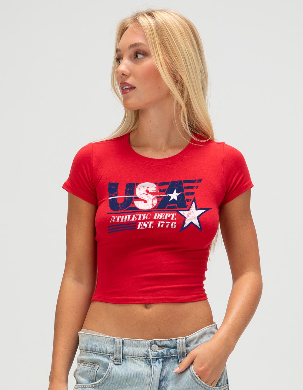 USA Athletic Department Distressed Womens Baby Tee - RED