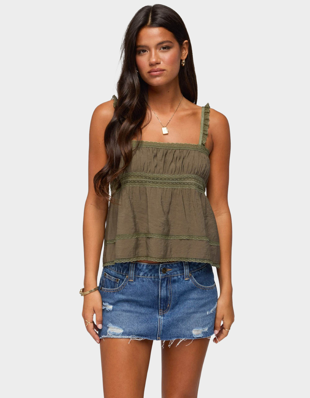 EDIKTED Mable Lacey Straight Neck Tank Top - DK GREEN