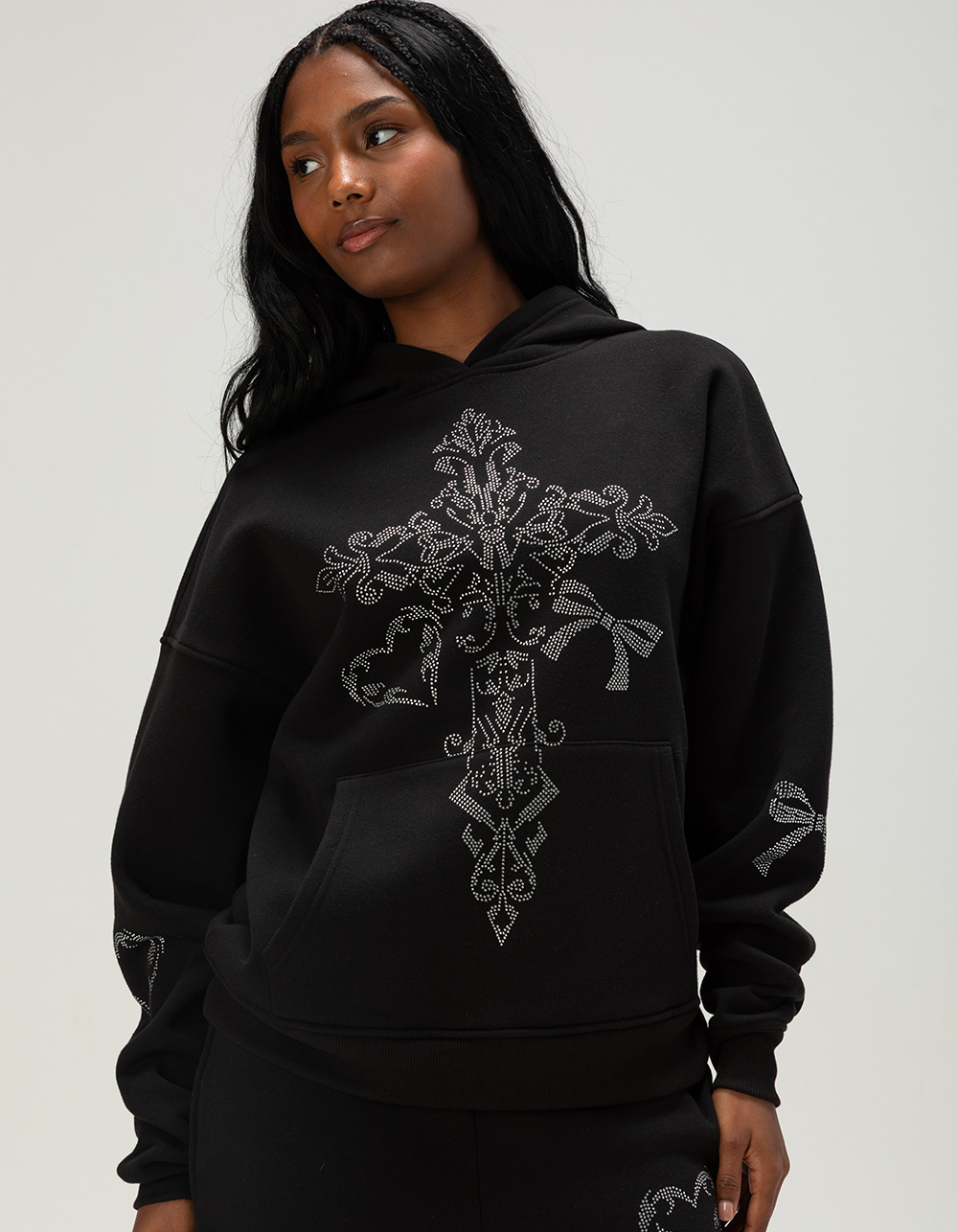 FULL TILT Rhinestone Cross Womens Hoodie - BLACK