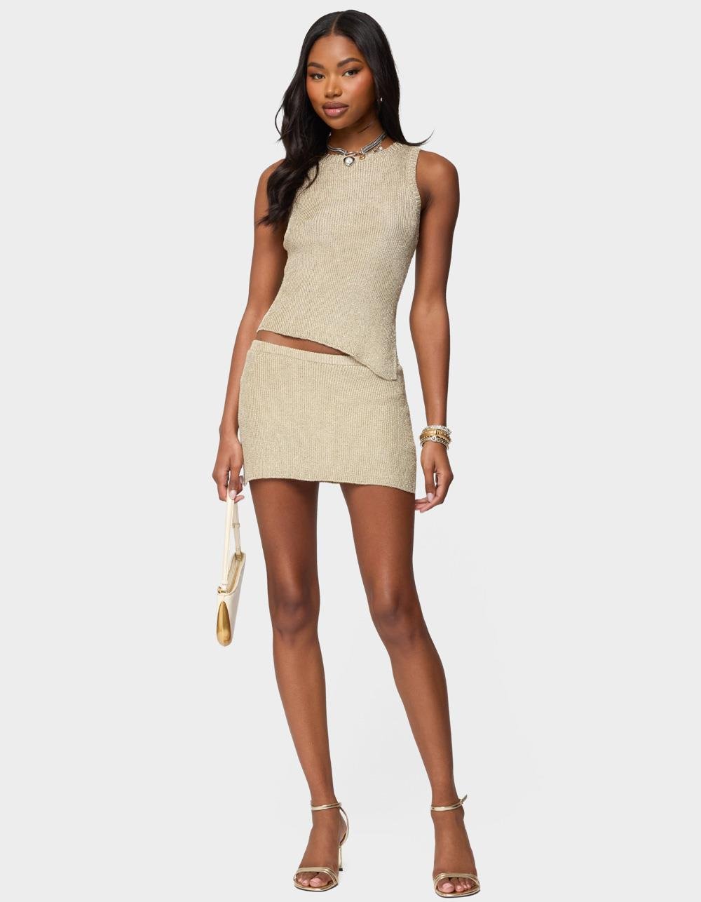 EDIKTED Goldy Metallic Knit Mini Skort - GOLD