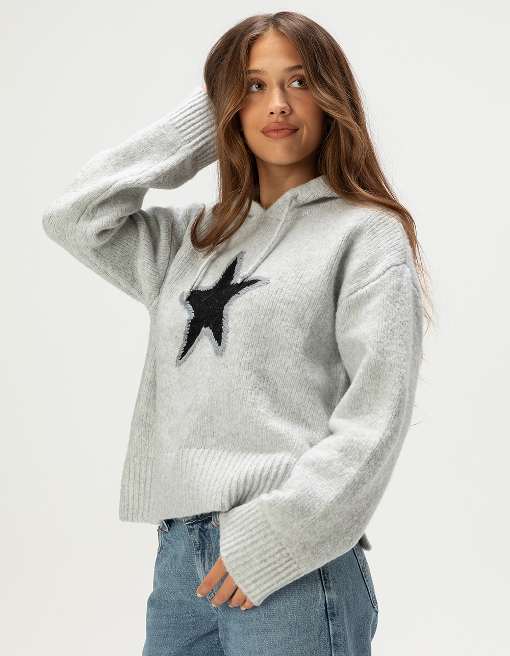 RSQ Womens Star Hooded Sweater - HEATHER GRAY
