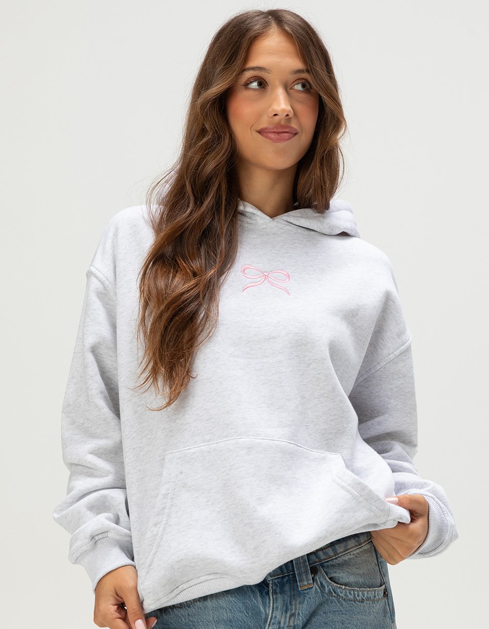FULL TILT Embroidered Bow Womens Hoodie - HEATHER GRAY