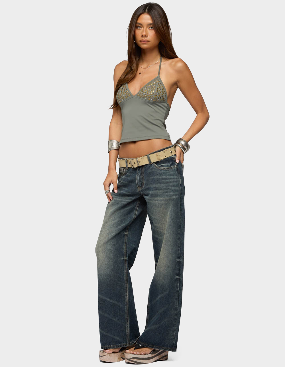 EDIKTED Ramone Mixed Stud Halter Top - DK GREEN
